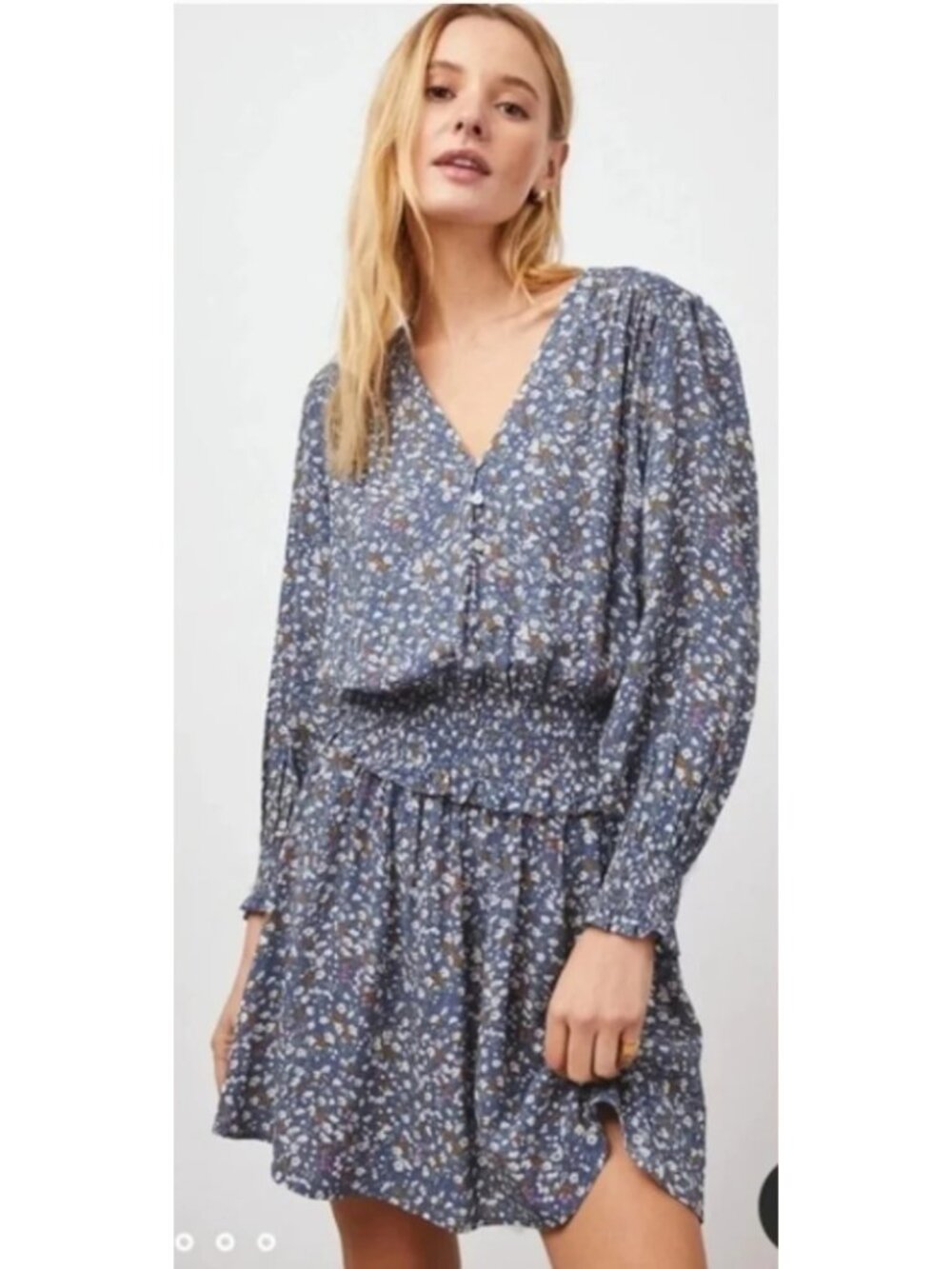NWT Rails Zana Mini Dress Ditzy Floral Blue Smocked Pullover V-Neck Size XS